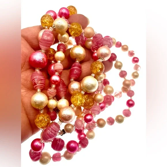 Vintage Signed Japan Multistrand Acrylic and Molded Glass Beaded Necklace MCM - Picture 9 of 9